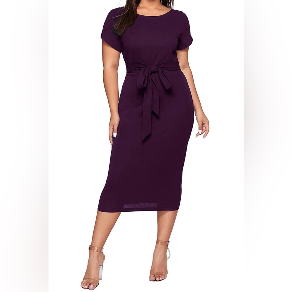 SheIn Women's Elegant Short Cap Sleeve Self Belted Stretchy Bodycon Pencil Dress